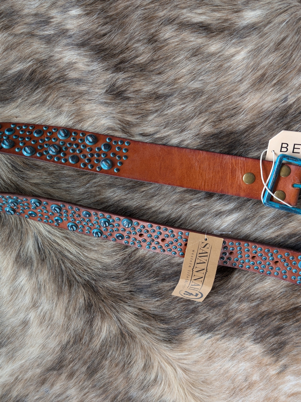Savannah Brown Leather Belt with Teal Stud Accents